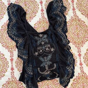 Free People Embroidered Black and Blue Women's Top